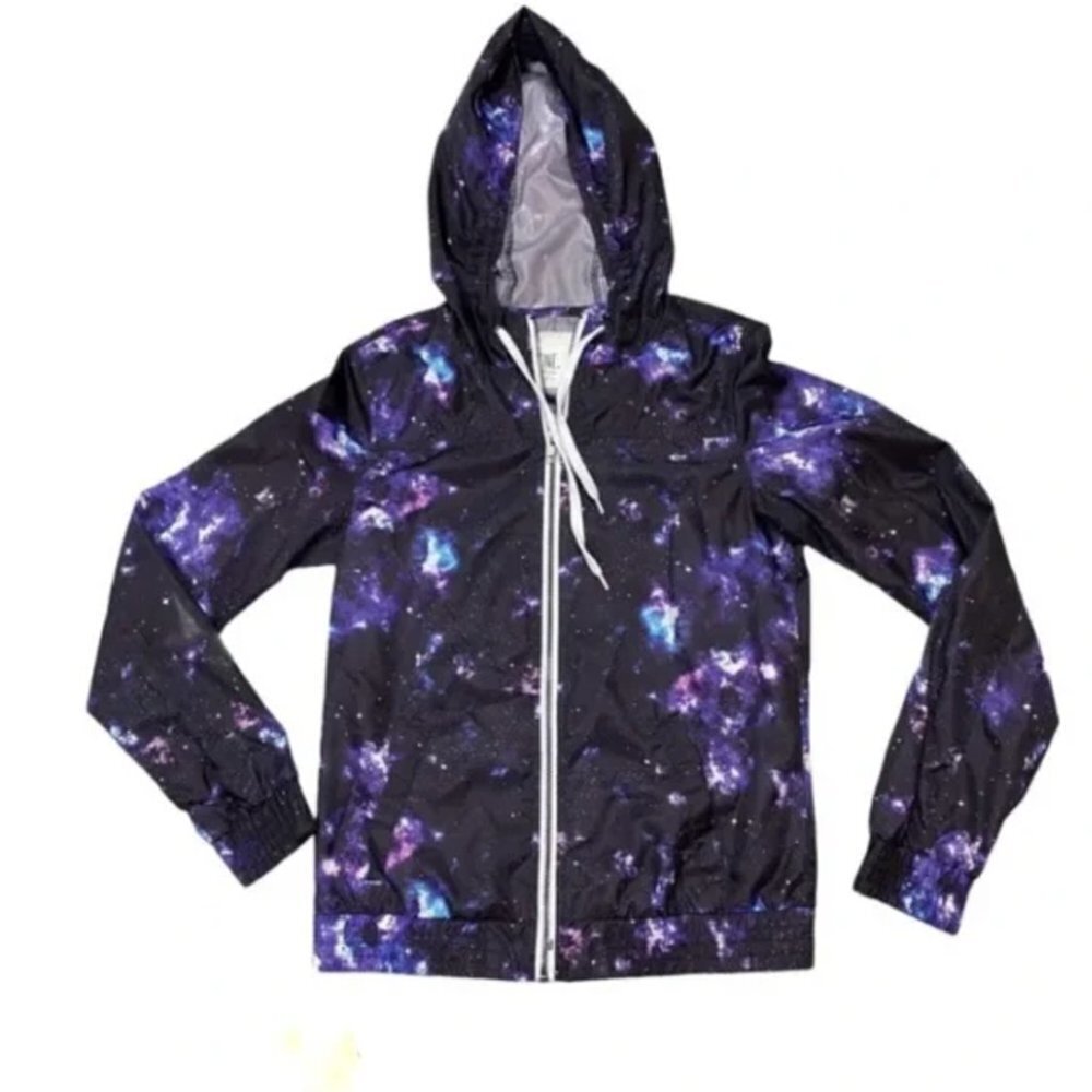 Zine Jacket Women Windbreaker Purple Zip Hooded Long Sleeve Outerspace UFO